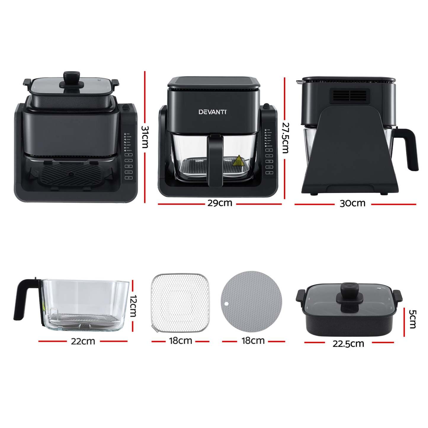 Devanti 2-IN-1 Air Fryer 5.5L Dual Zone Fryers Electric Cooker with Top BBQ Grill & Bot