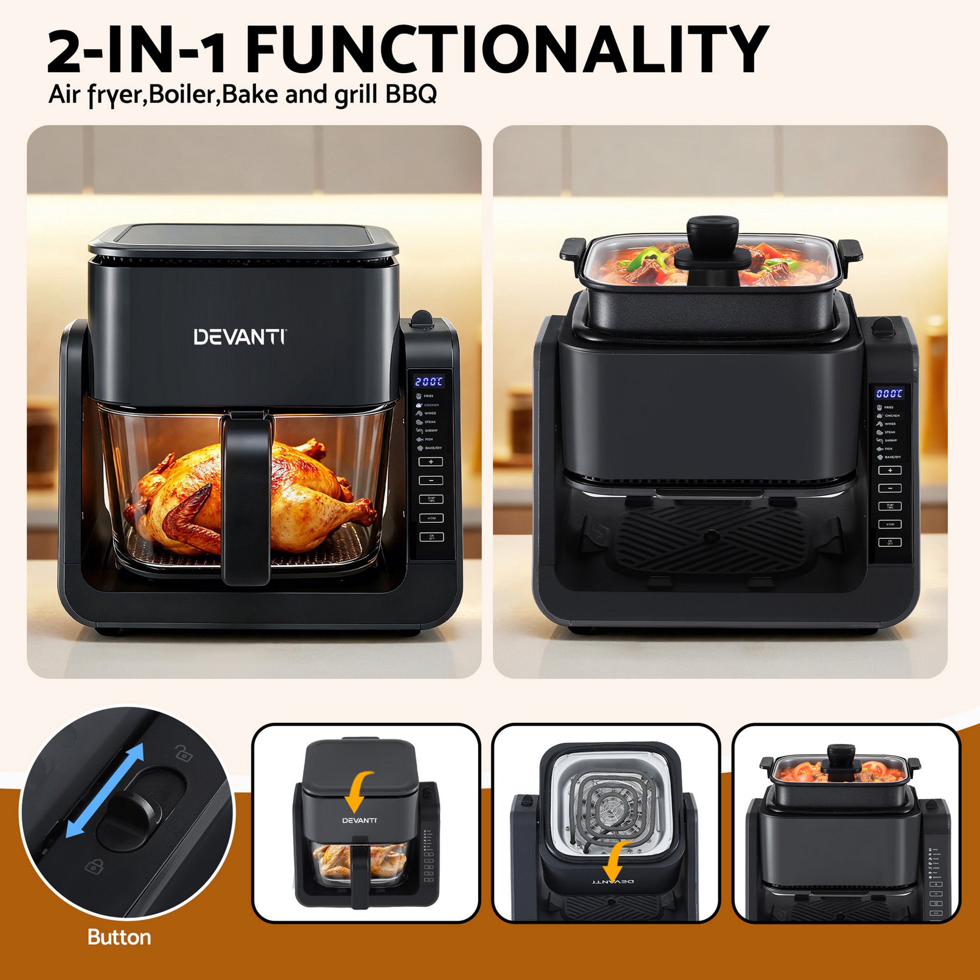 Devanti 2-IN-1 Air Fryer 5.5L Dual Zone Fryers Electric Cooker with Top BBQ Grill & Bot