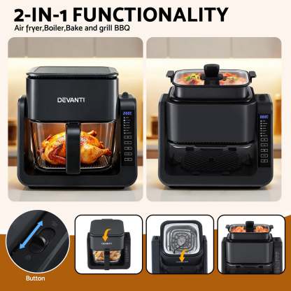 Devanti 2-IN-1 Air Fryer 5.5L Dual Zone Fryers Electric Cooker with Top BBQ Grill & Bot