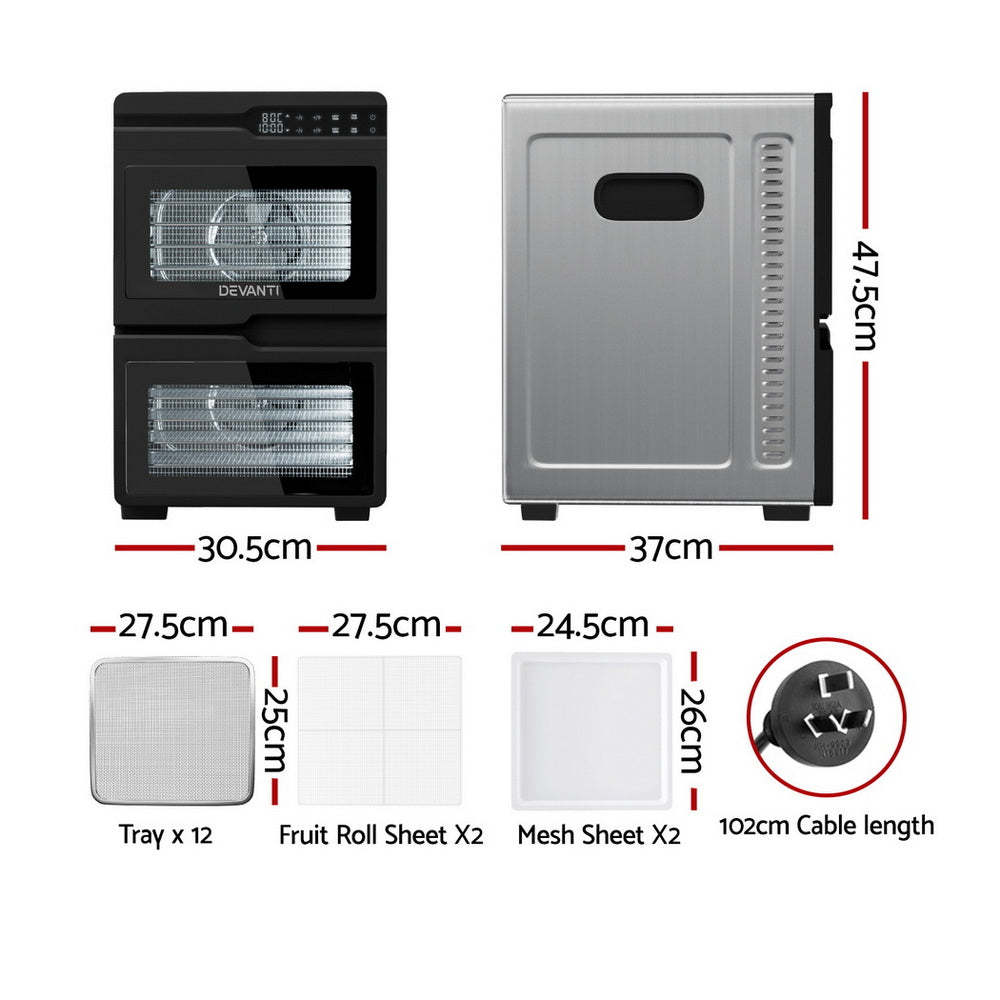 Devanti 12 Trays Food Dehydrator Dual-Zone Stainless Steel Fruit Jerky Dryer
