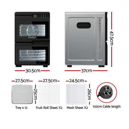 Devanti 12 Trays Food Dehydrator Dual-Zone Stainless Steel Fruit Jerky Dryer