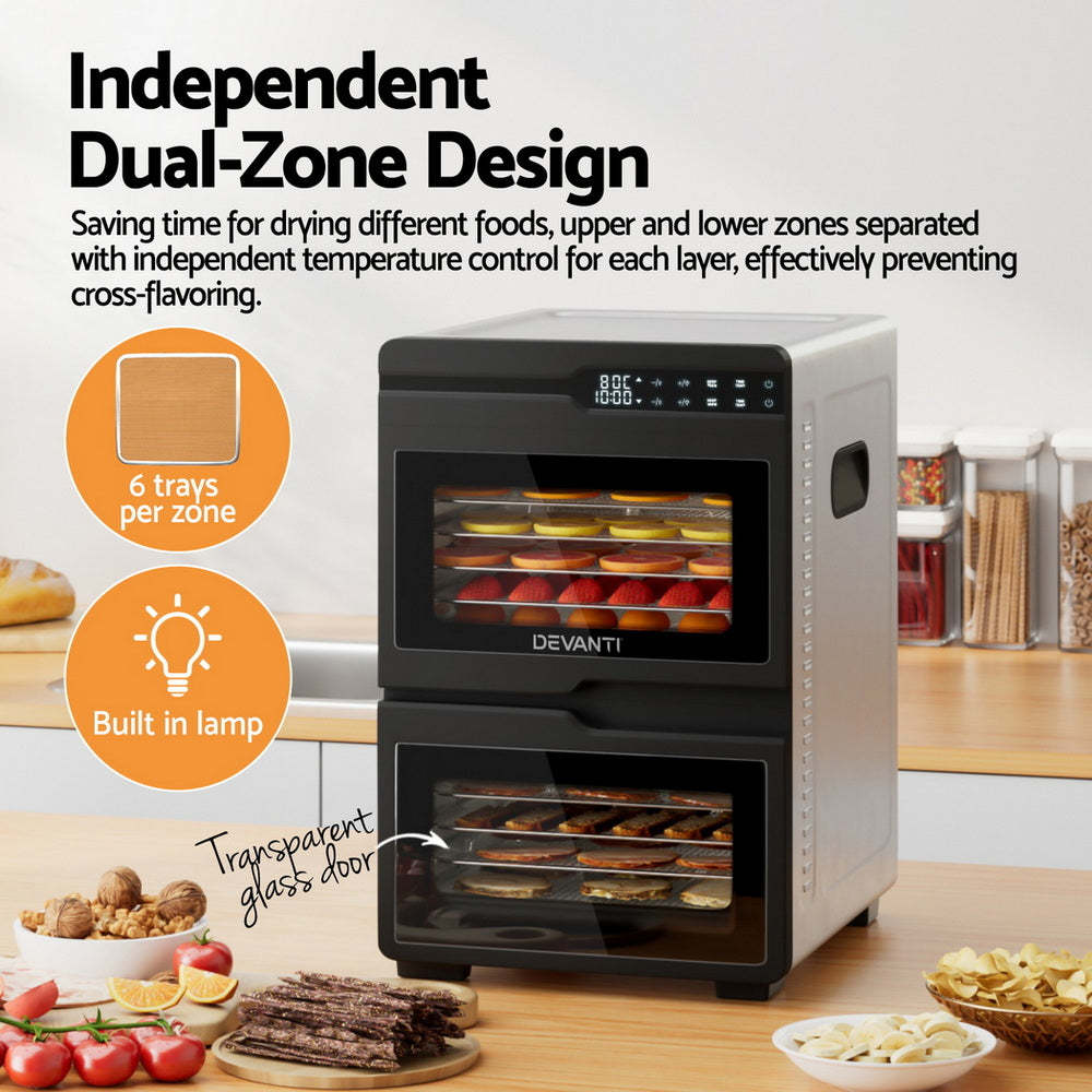 Devanti 12 Trays Food Dehydrator Dual-Zone Stainless Steel Fruit Jerky Dryer