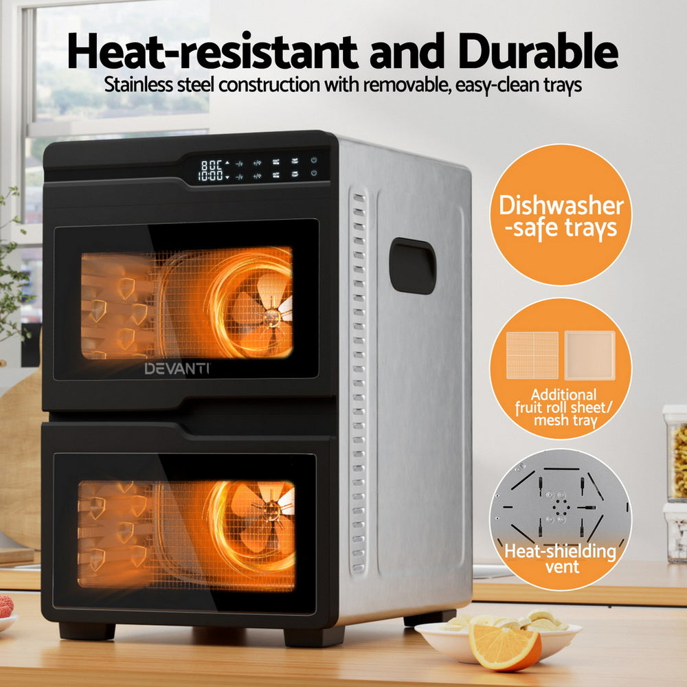 Devanti 12 Trays Food Dehydrator Dual-Zone Stainless Steel Fruit Jerky Dryer