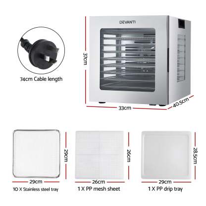 Devanti 10 Trays Food Dehydrator Stainless Steel Visible Glass Door 850W