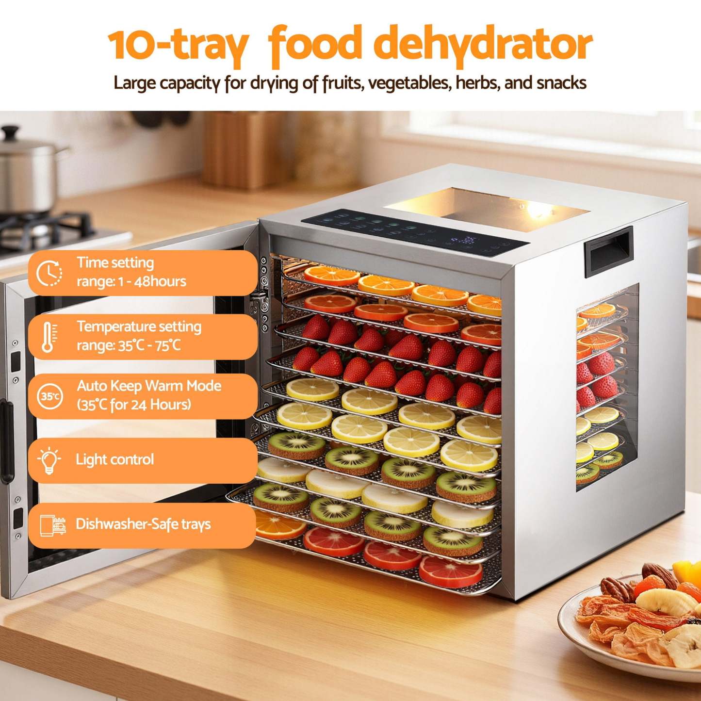 Devanti 10 Trays Food Dehydrator Stainless Steel Visible Glass Door 850W