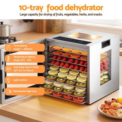 Devanti 10 Trays Food Dehydrator Stainless Steel Visible Glass Door 850W