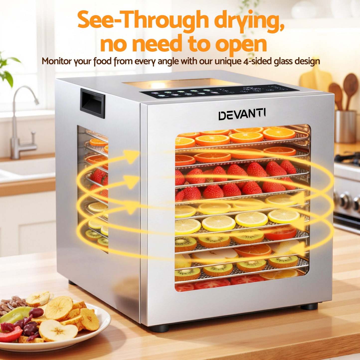Devanti 10 Trays Food Dehydrator Stainless Steel Visible Glass Door 850W