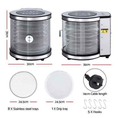 Devanti 8 Trays Food Dehydrator Stainless Steel Auto-Rotate 10 Programs 700W