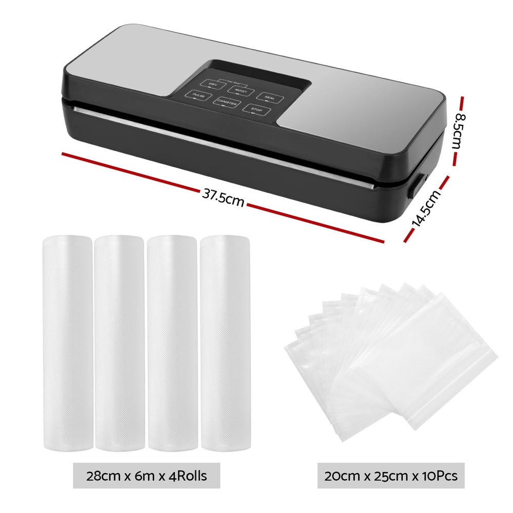 Devanti Food Vacuum Sealer Machine Auto Seal Cutter 5 Modes Storage Bags 28cm?6m 4 Roll