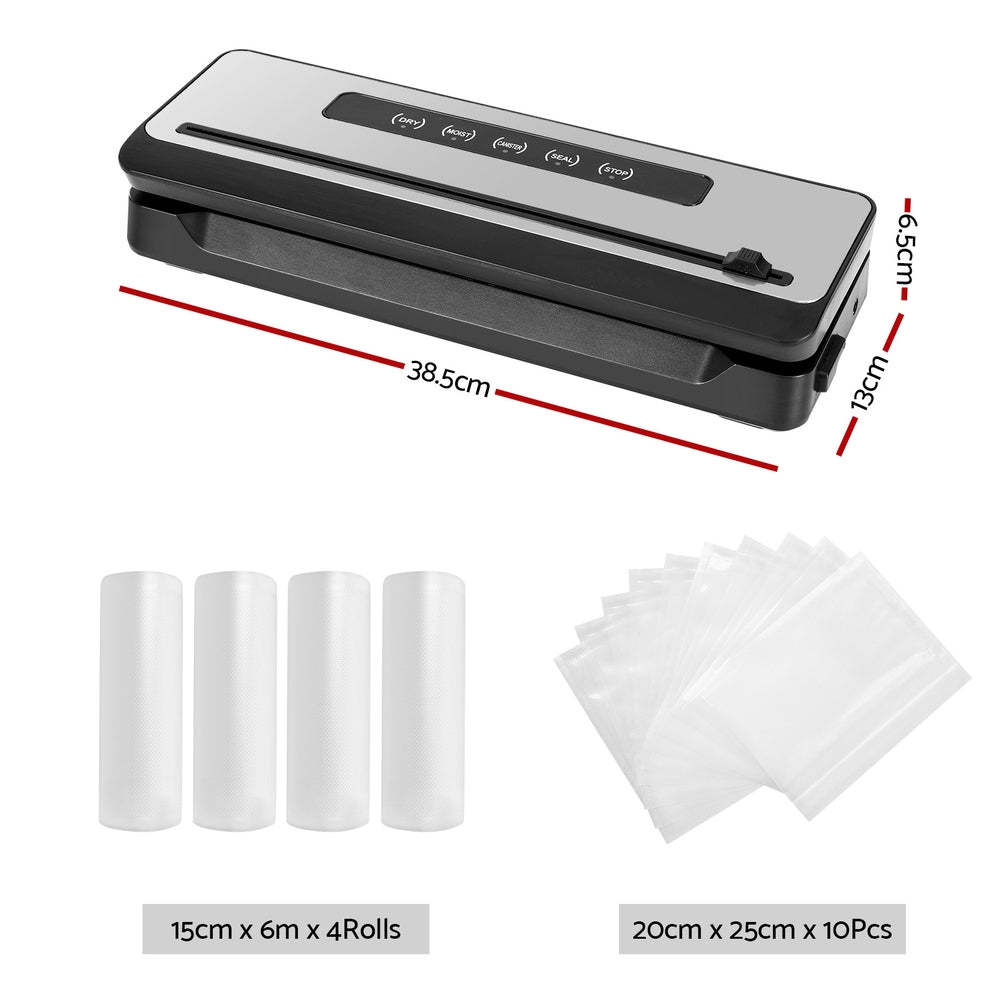 Devanti Food Vacuum Sealer Machine Sealing Cutter 4 Modes Storage Bags 4 Rolls
