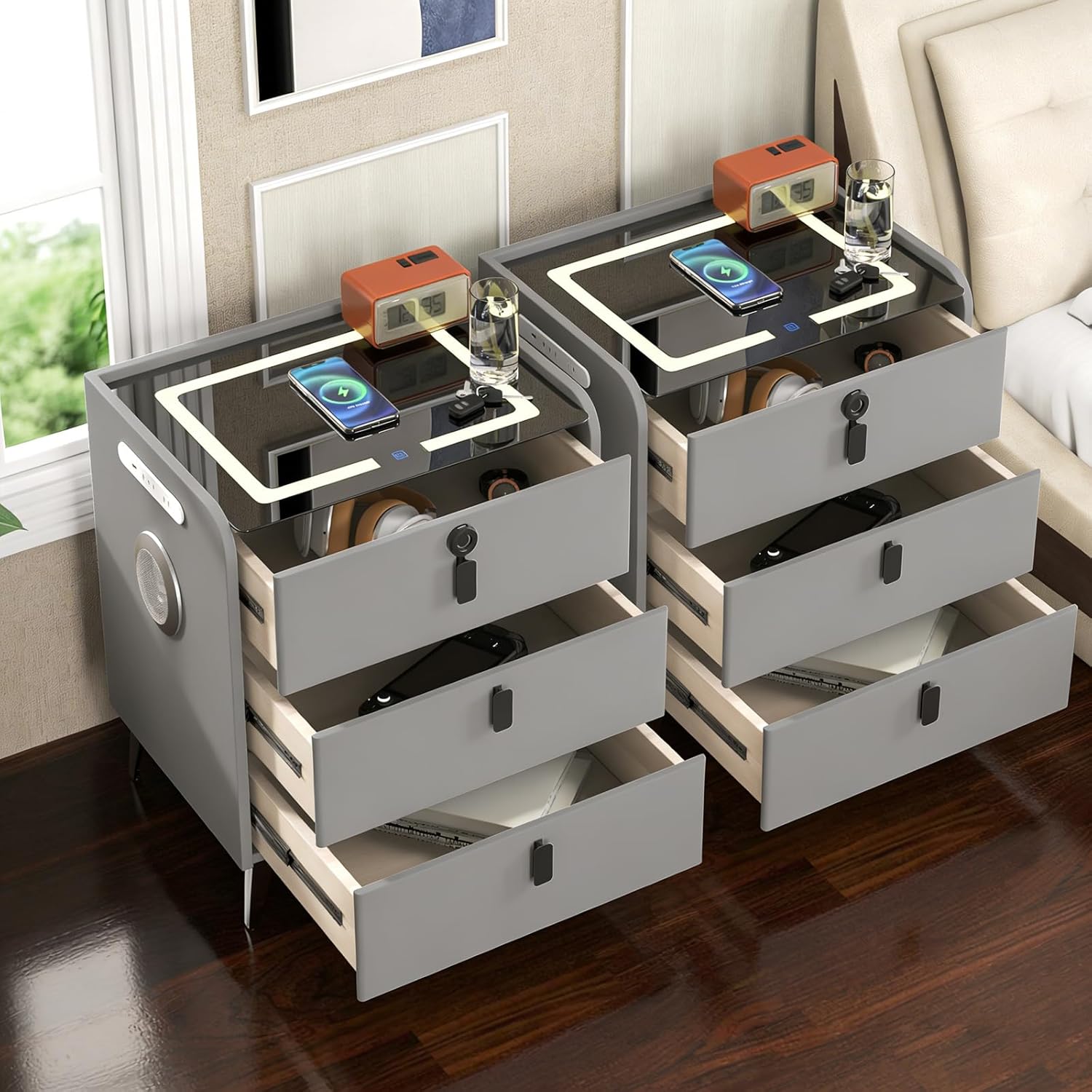 🔥Clearance Sale🔥Premium multi-functional smart bedside table with USB/wireless charging/tri-color lights/Bluetooth speaker/Fingerprint Unlocking