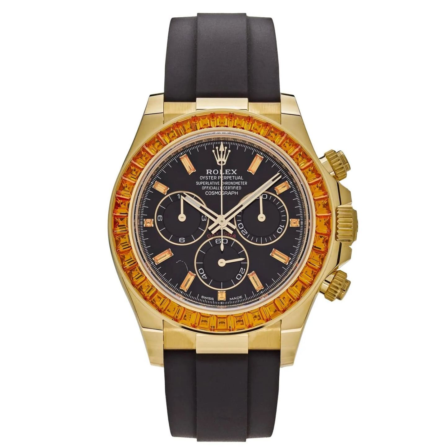Rolthtex Daytona 116588SACO Yellow Gold Orange Sapphire Bezel Black Diamond Dial