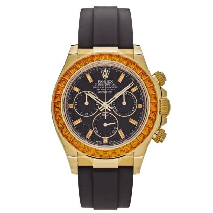 Rolthtex Daytona 116588SACO Yellow Gold Orange Sapphire Bezel Black Diamond Dial