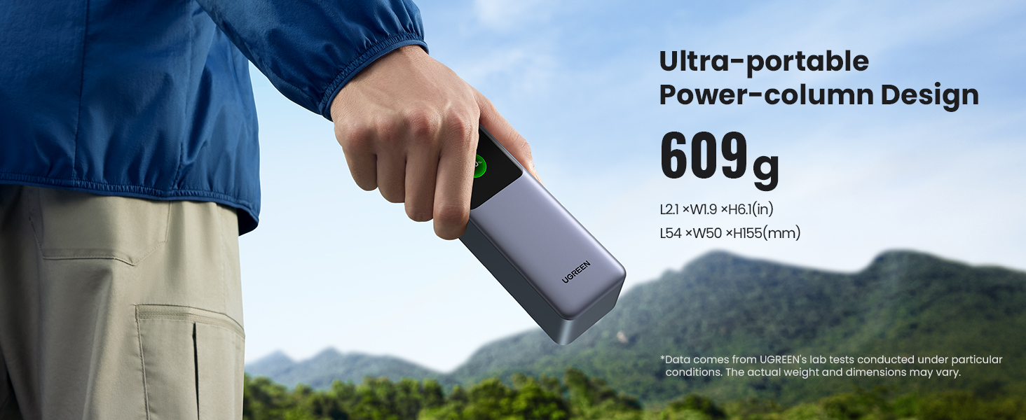 Hand Holding UGREEN Nexode Power Bank 25000mAh 200W, Highlighting Ultra-portable Power-column Design, 609g Weight and Size L54 x W55 x H155 (mm)