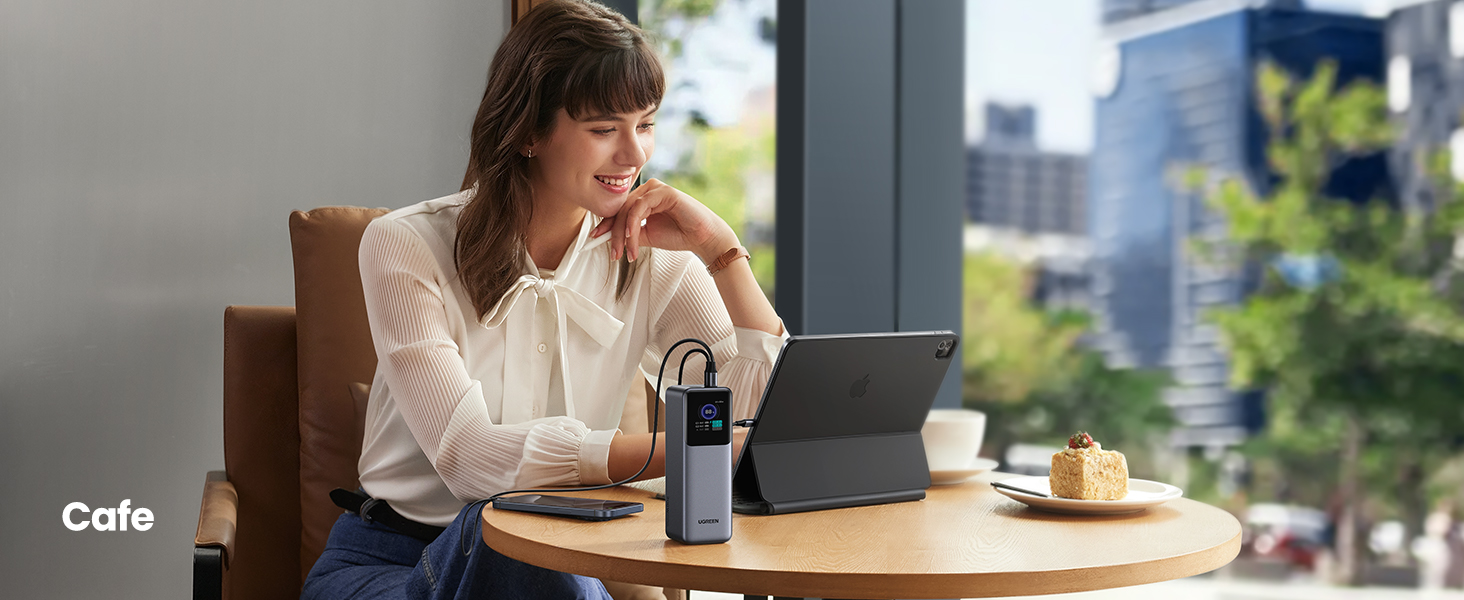 Work in the coffee shop Charge your phone and tablet at the same time with the UGREEN Nexode Power Bank 20000mAh 130W.