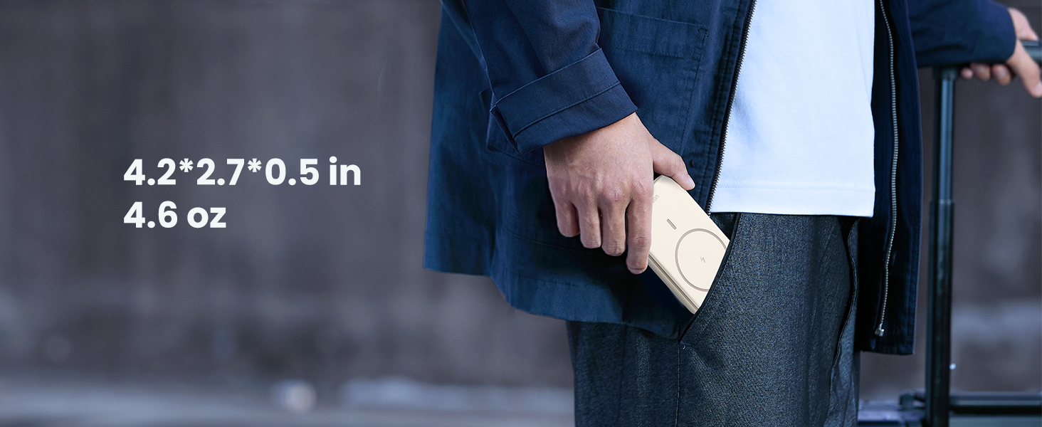 UGREEN 10000mAh 20W Magnetic power bank: Compact Size (4.2*2.7*0.5 in) and Lightweight (4.6 oz) Held by Person