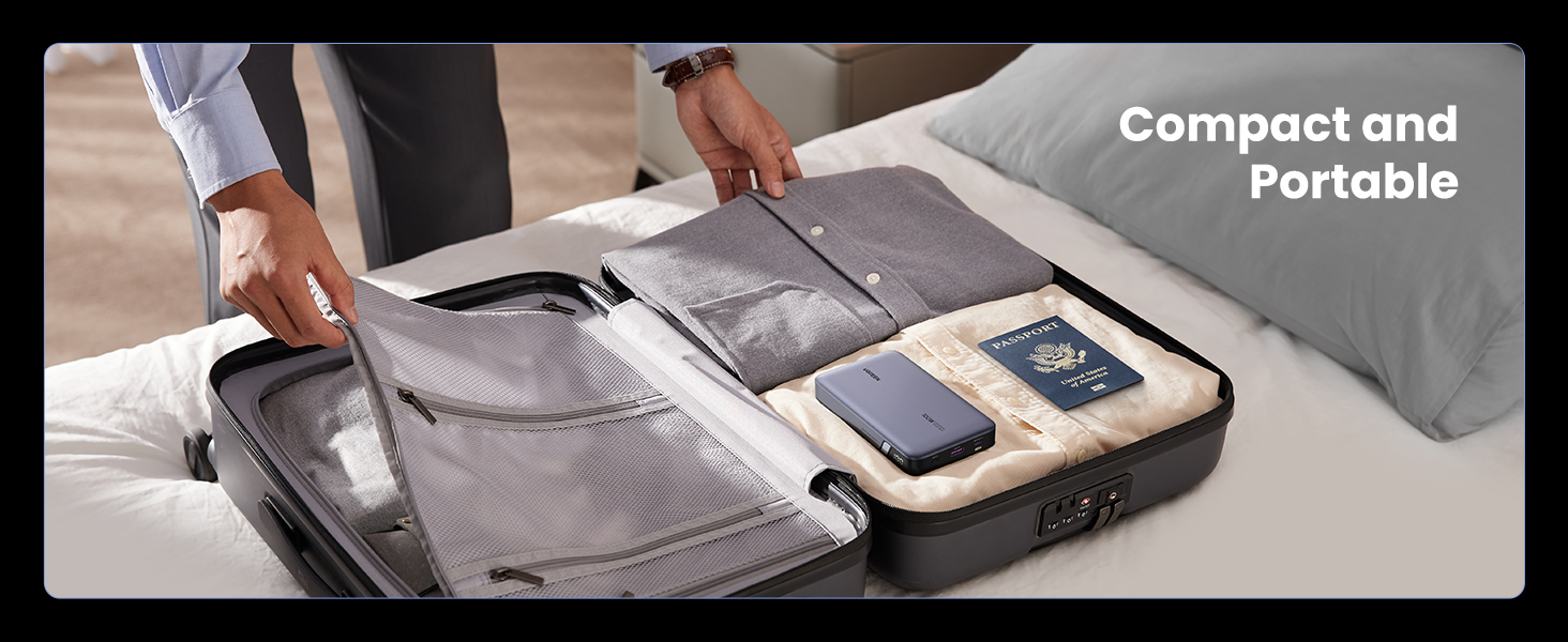 Compact and Portable UGREEN 100W 20000mAh Portable Chargers Placed in Suitcase with Clothes and Passport