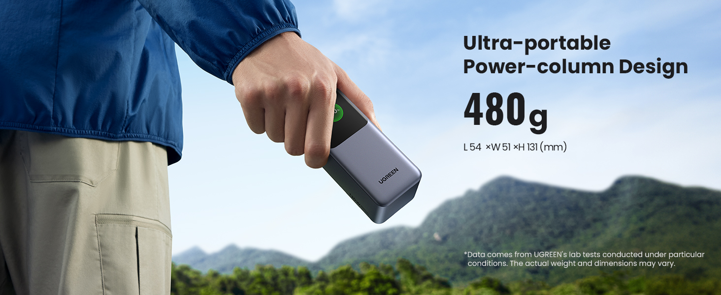 Hand Holding UGREEN Nexode Power Bank 20000mAh 130W, Highlighting Ultra-portable Power-column Design, 480g Weight and Size L54 x W51 x H131 (mm)