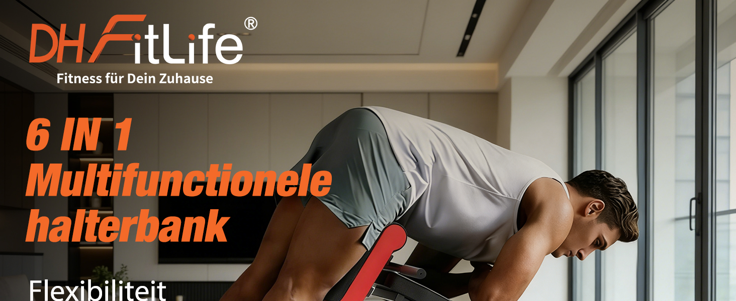 De tekst luidt: 'DNFitLife', '6 IN 1 Multifunctionele halterbank', 'Flexibiliteit'. Fitnessapparatuur met meerdere trainingsposities en configuraties.