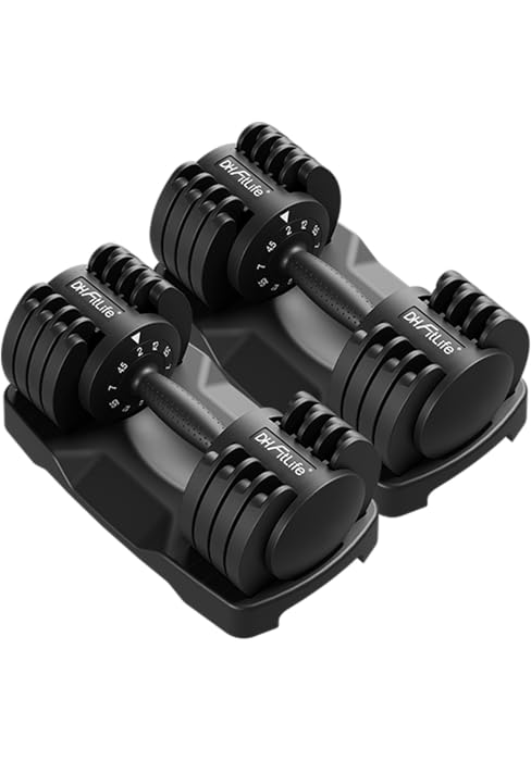 Paar verstelbare halters met meerdere halterschijven, afgebeeld in zwarte metalen afwerking op een witte achtergrond