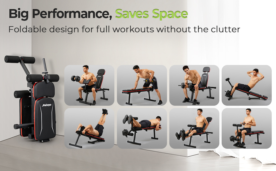 De tekst luidt 'Grote prestaties, bespaart ruimte' en 'Opvouwbaar ontwerp voor volledige trainingen zonder rommel'. Sequentie met opvouwbare trainingsbank in verschillende posities met oefendemonstraties.