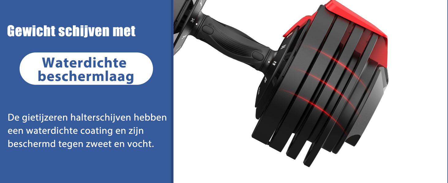 Verstelbare halter in rood en zwart met waterdichte coating. De tekst vermeldt bescherming tegen zweet en vocht. Bevestigd aan halterstandaard of rek