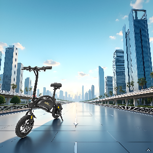 Een product op een betonnen vloer in een stedelijke omgeving met moderne gebouwen achter