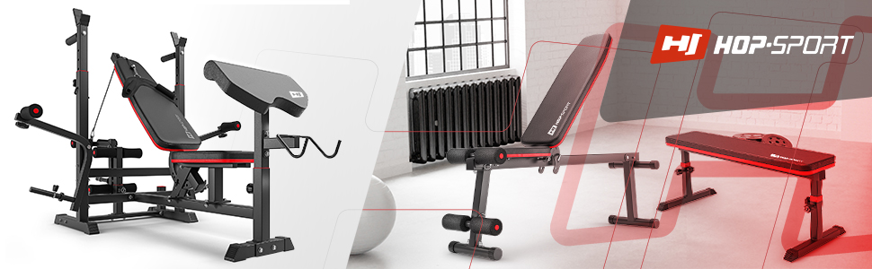 Weight bench equipment series showing multiple angles of adjustable workout benches in black and red colors with various attachment options.