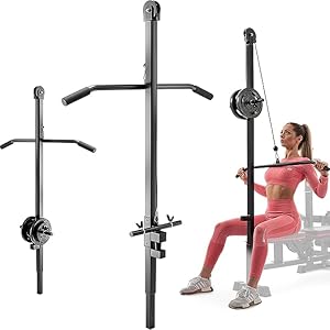 Versatile wall-mounted exercise equipment with adjustable bars and pulleys. Shown with person demonstrating arm workout. Compact home fitness solution for strength training.