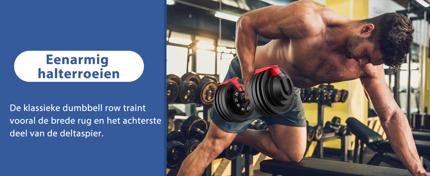 Man zonder shirt die halterrijoefeningen doet in een sportschool. Nederlandse tekst beschrijft de oefening gericht op rug- en achterdeltaspieren