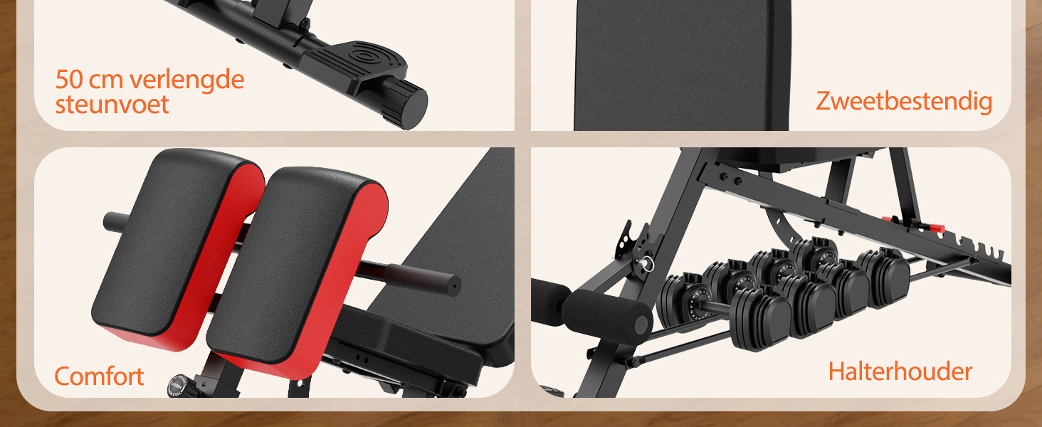 De tekst luidt '50 cm verstellbar', 'Comfort', 'Zweibelastung', 'Haltebreiter'. Verstelbare onderdelen van fitnessapparatuur in rood en zwart met gelabelde functies.