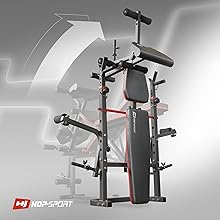 Multi-function home gym equipment with weight bench, pull-up bar, and various exercise attachments. Logo reads 'HOP-SPORT'.