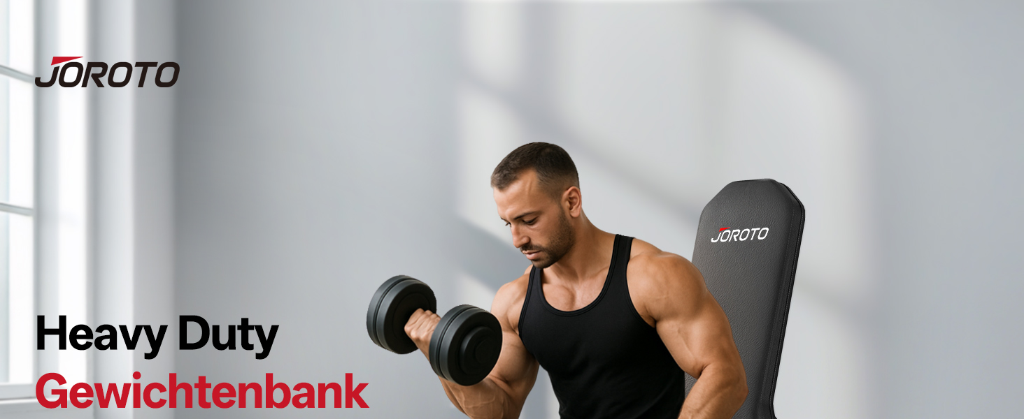 De tekst luidt 'Heavy Duty Gewichtsbank'. Trainingsapparatuur getoond in een fitness-omgeving.