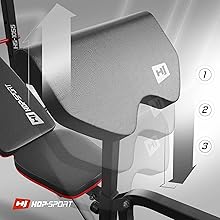 Close-up of an adjustable weight bench with gray upholstery. Diagram shows three numbered positions, indicating adjustable features. Hop-Sport logo visible.