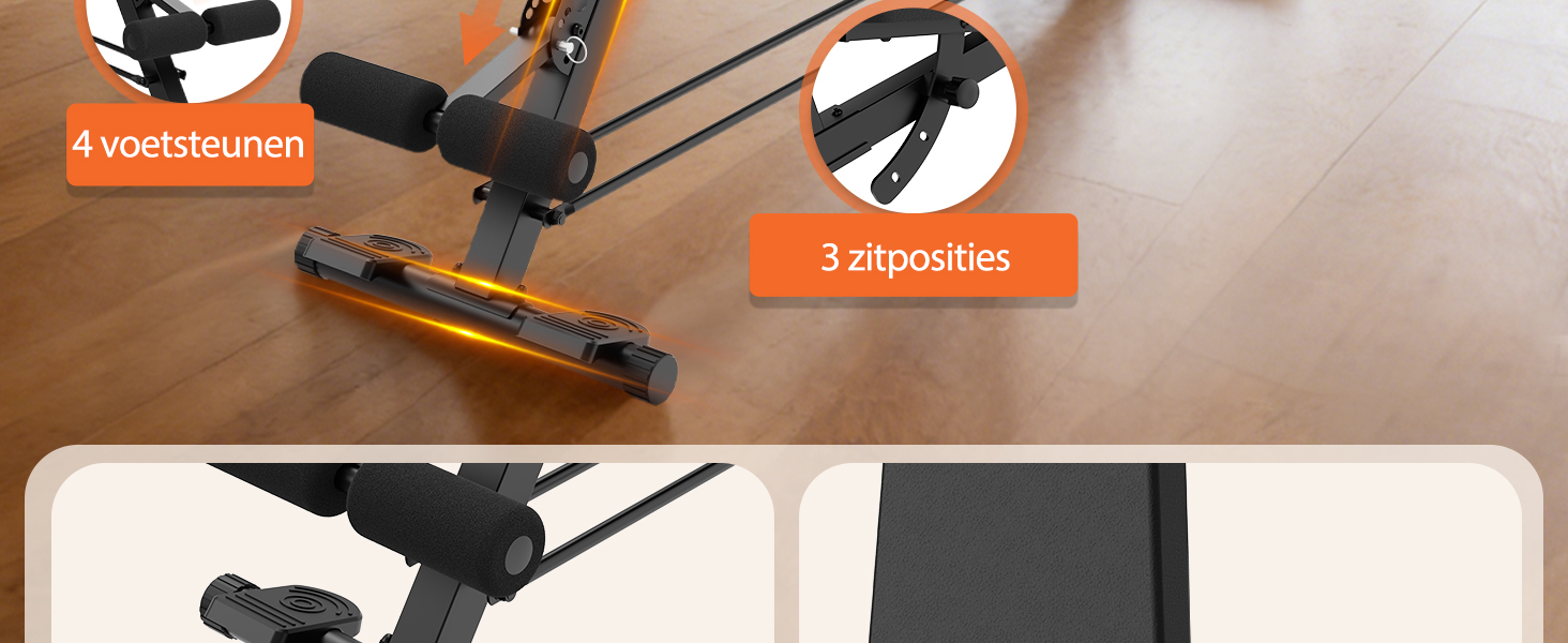 Productafbeelding van het reinigingsapparaat met tekstindicatoren '4 sectionneurs' en '3 zipoches'. Meerdere weergaven van zwart schoonmaakhulpstuk of gereedschap.