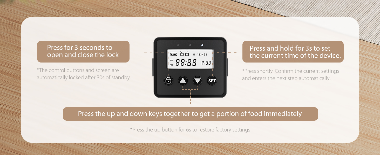 Interface van het digitale bedieningspaneel met timerweergave op 58:89 met instructies voor het openen van de vergrendeling en het instellen