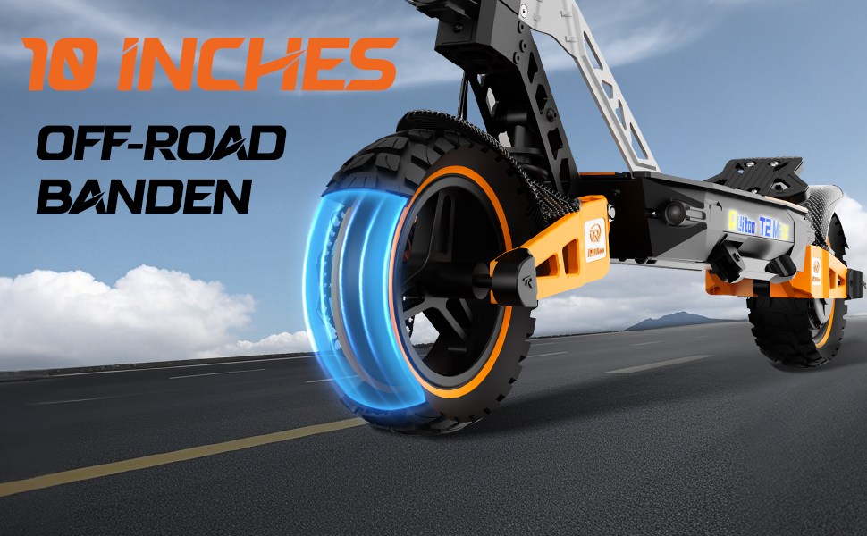 Close-up van een terreinband met blauwe binnenvelg en oranje buitenvelg. Op de tekstlaag staat '10 INCHES OFF-ROAD BANDEN', wat duidt op een grote bandenmaat voor gebruik op ruig