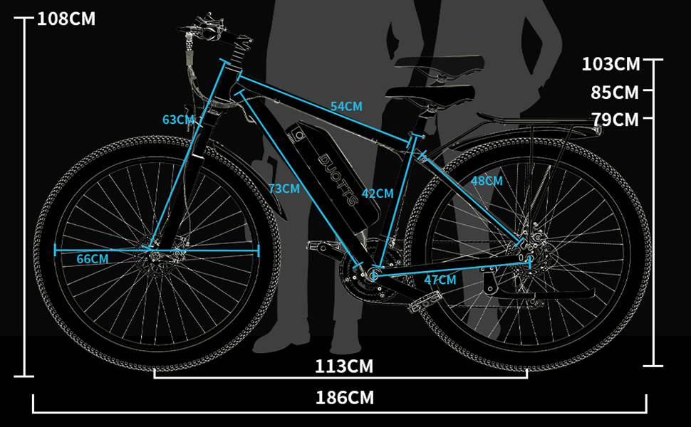 Electric bicycle diagram showing dimensions. Frame height 108cm, length 186cm. Wheel size 29cm. Seat height adjustable from 79cm to 103cm. Handlebars 66cm wide. Various frame measurements highlighted in blue.