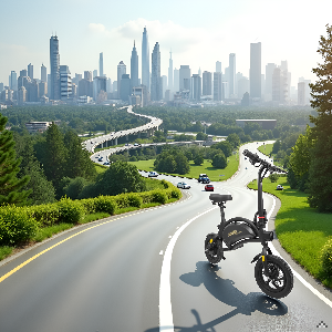 Een product op een betonnen vloer in een stedelijke omgeving met moderne gebouwen achter