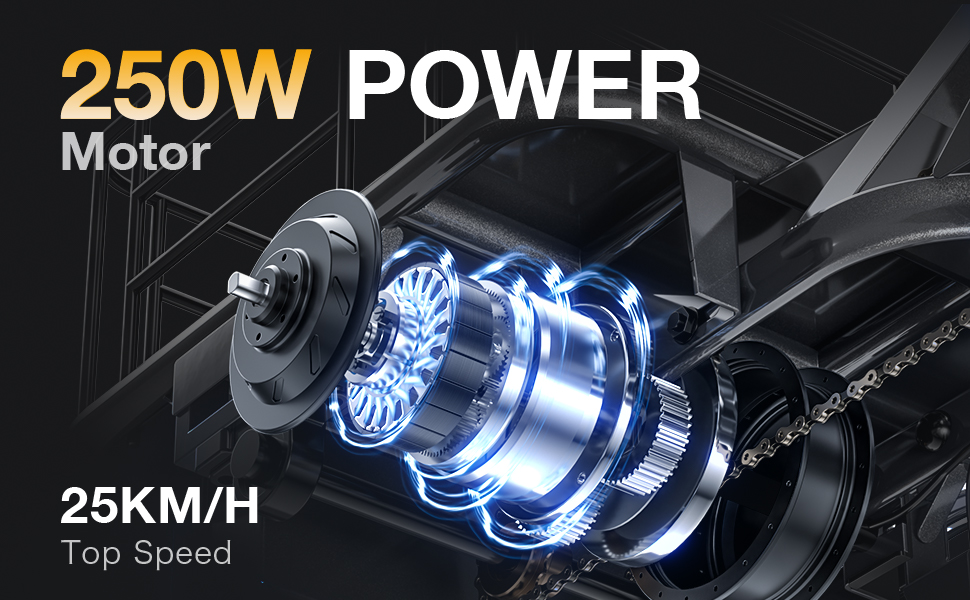 De tekst luidt '250 W VERMOGEN' en '25 KM/H Topsnelheid'. Productpresentatie met verlichte blauwe motorcomponenten tegen een zwarte achtergrond.