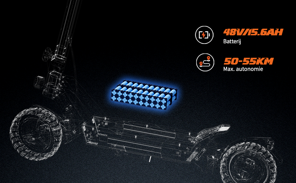 Internals van een elektrische scooter met een gloeiend blauw batterijpakket. De tekst geeft de batterijcapaciteit van 48V/15,6AH en het maximale autonomiebereik van 50-55 KM