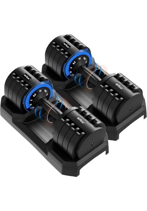 Twee zwarte verstelbare halters met blauwe accenten. Elke kamer is voorzien van een draaiknop voor het kiezen van het gewicht en een voorgevormde handgreep