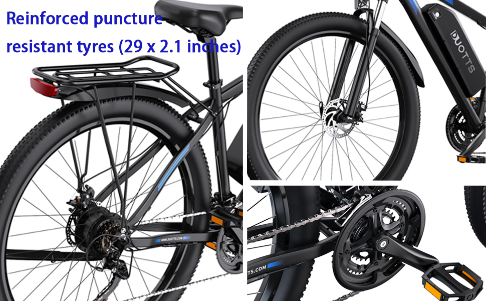 Text reads "Reinforced puncture-resistant tires". Close-up shots of black bicycle tires and wheel components showing detailed tread patterns and structural features.