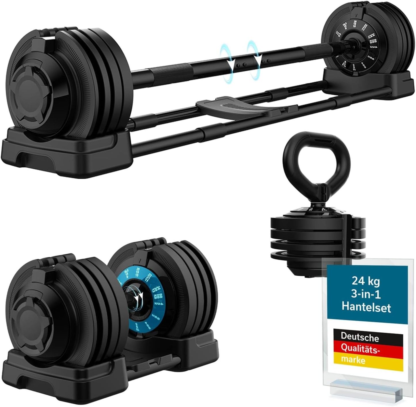 Skandika Paino Dumbbell Set Adjustable Dumbbell Barbell Barbell Kettlebell 12 Levels 2 to 24 kg Quick Weight Change Dumbbell Adjustable Dumbbells for Home, Gym, Fitness