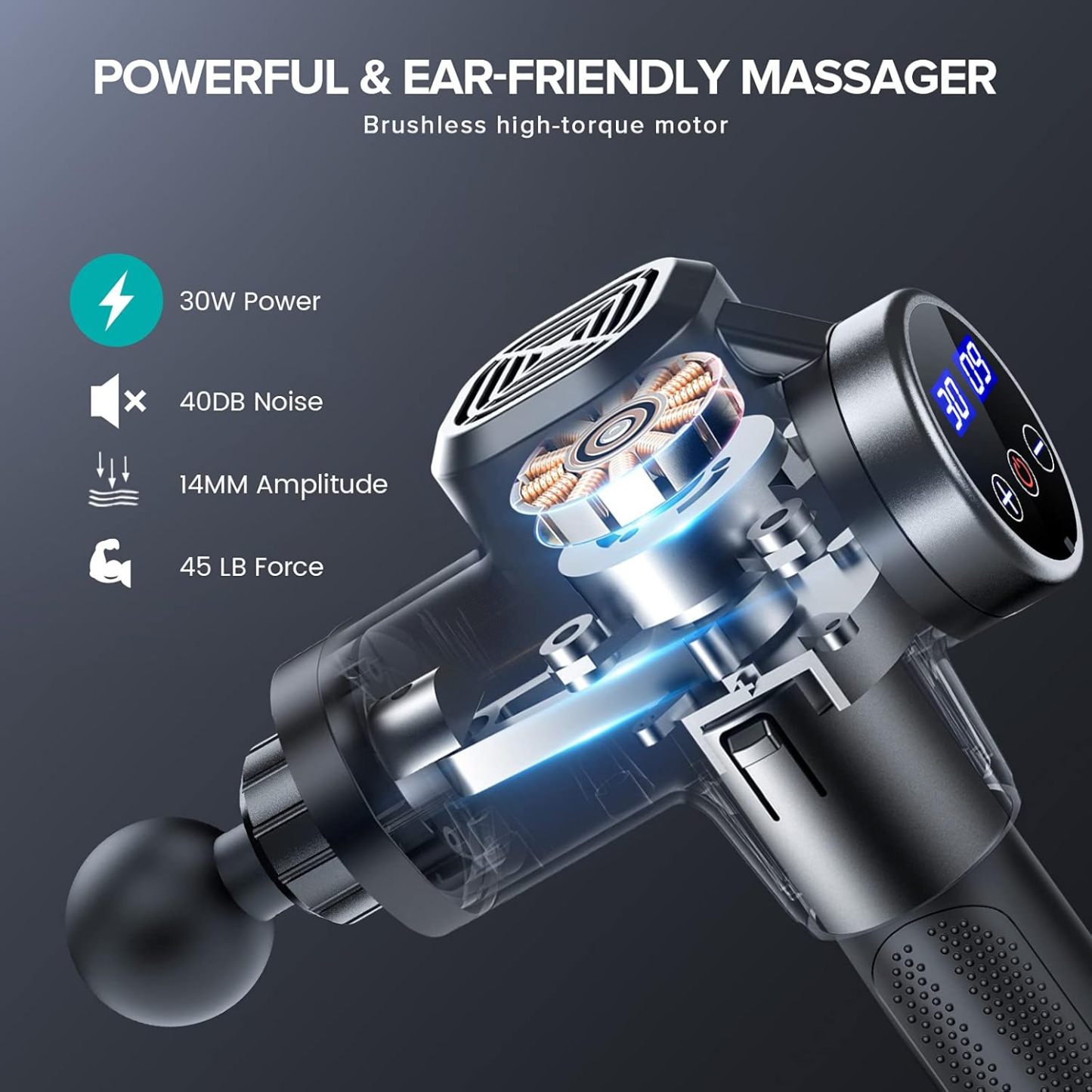 Muscle Massage Gun, Massage Gun Portable Muscle Massager with Deep Tissues, Ultra-Quiet 30 Speed Optional Modes, Percussion Massager with 8 Massage Heads and LCD Display