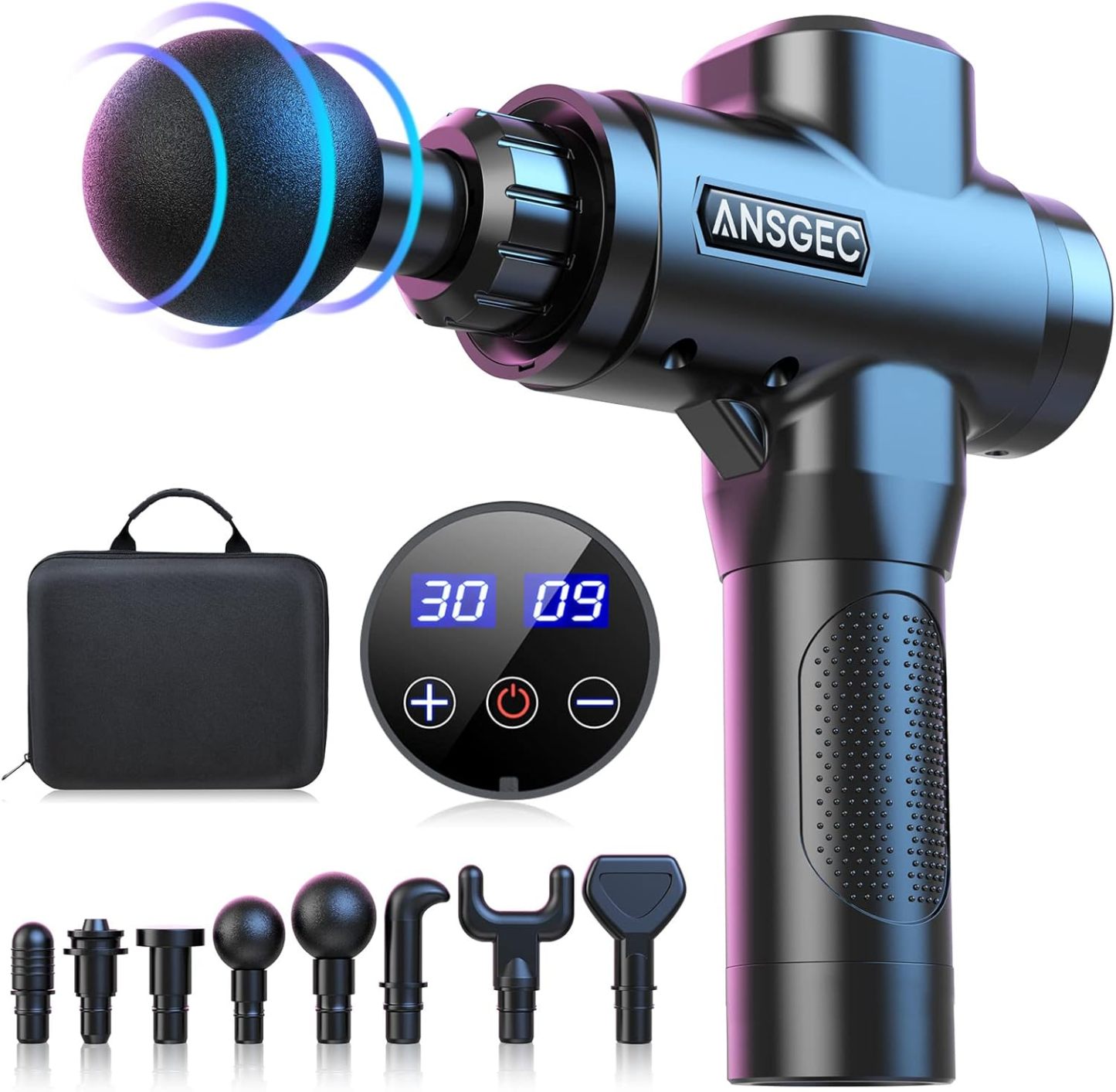 Muscle Massage Gun, Massage Gun Portable Muscle Massager with Deep Tissues, Ultra-Quiet 30 Speed Optional Modes, Percussion Massager with 8 Massage Heads and LCD Display