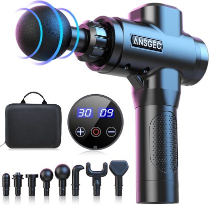Muscle Massage Gun, Massage Gun Portable Muscle Massager with Deep Tissues, Ultra-Quiet 30 Speed Optional Modes, Percussion Massager with 8 Massage Heads and LCD Display
