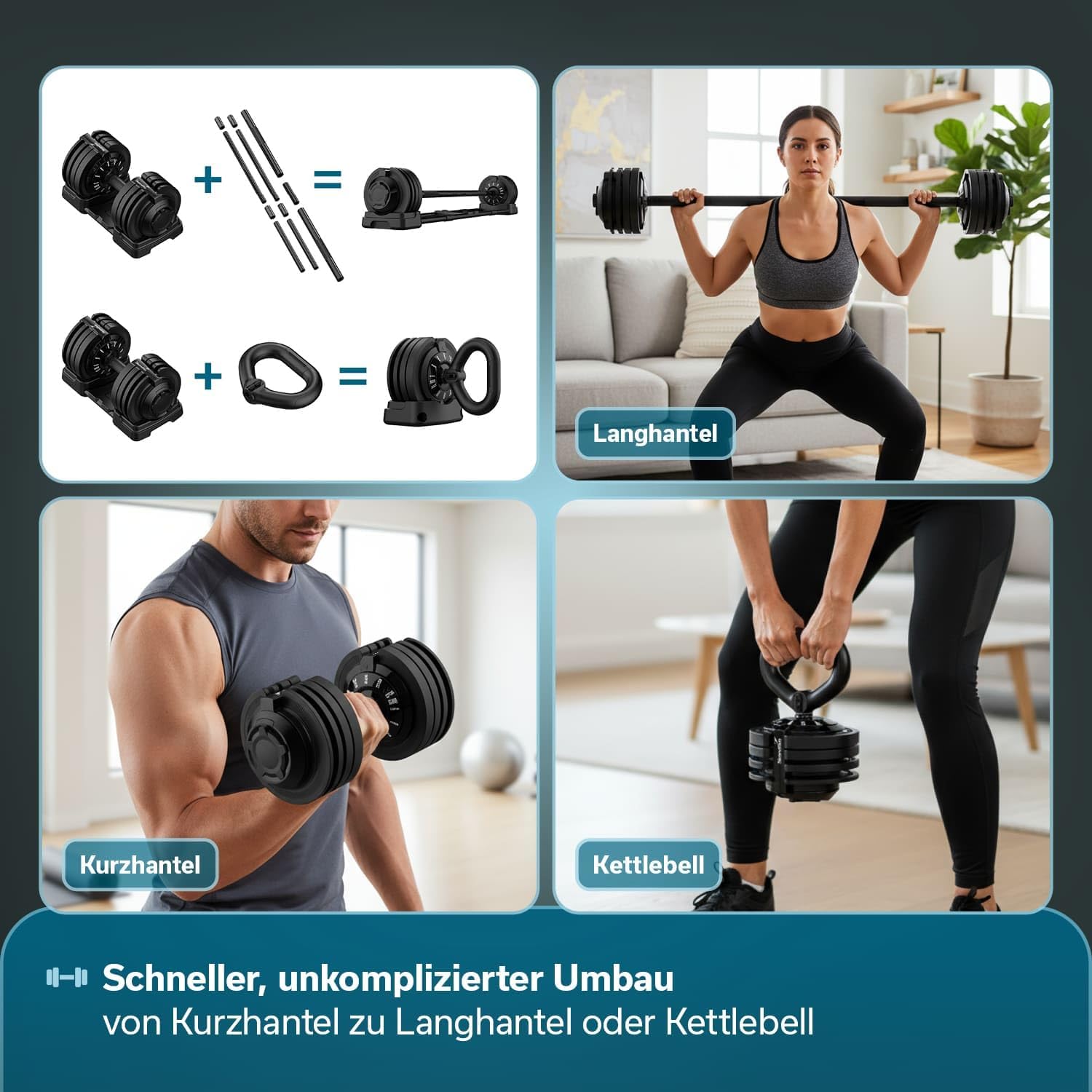 Skandika Paino Dumbbell Set Adjustable Dumbbell Barbell Barbell Kettlebell 12 Levels 2 to 24 kg Quick Weight Change Dumbbell Adjustable Dumbbells for Home, Gym, Fitness