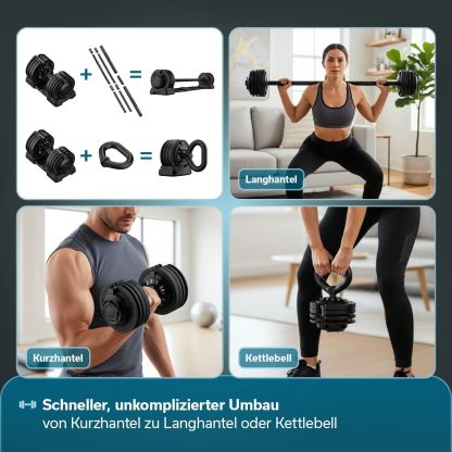 Skandika Paino Dumbbell Set Adjustable Dumbbell Barbell Barbell Kettlebell 12 Levels 2 to 24 kg Quick Weight Change Dumbbell Adjustable Dumbbells for Home, Gym, Fitness