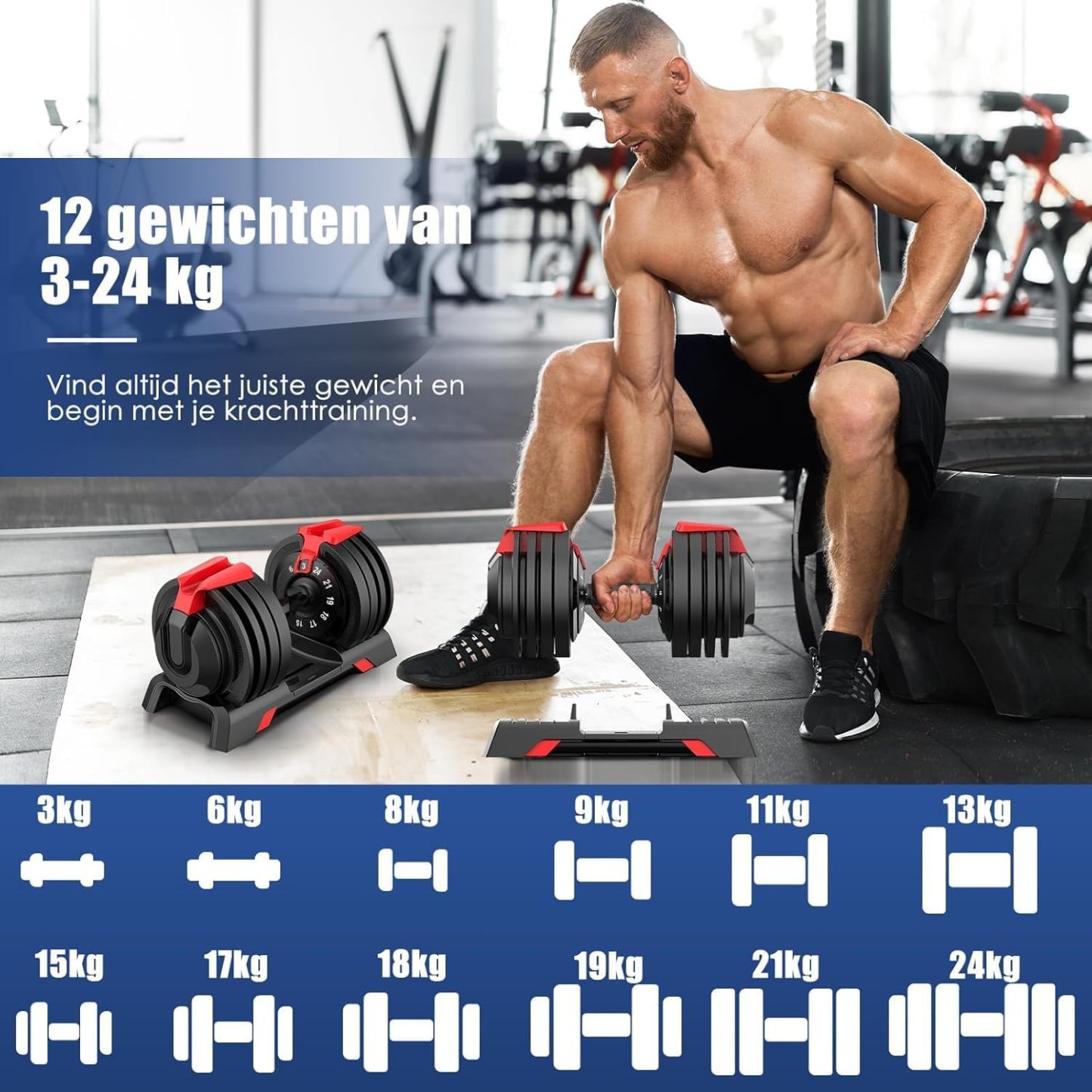 DH FitLife 24 kg Adjustable Dumbbells 3 to 24 kg with 12 Weight Levels, Dumbbell Set with Weight Plates, Adjustable Dumbbell, Variable Weights 12 in 1